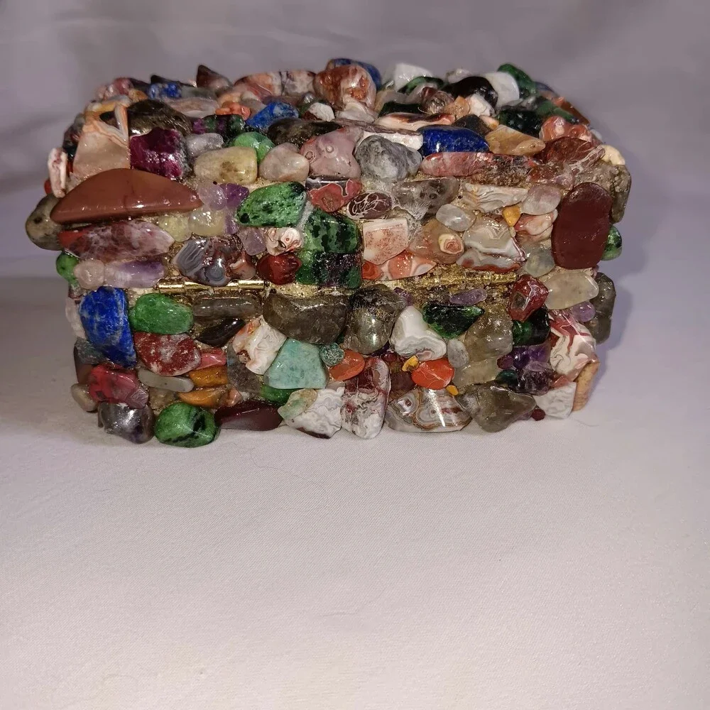 Crystal and Wood Trinket Box with Multicolor Polished Natural Stones Hinged Lid